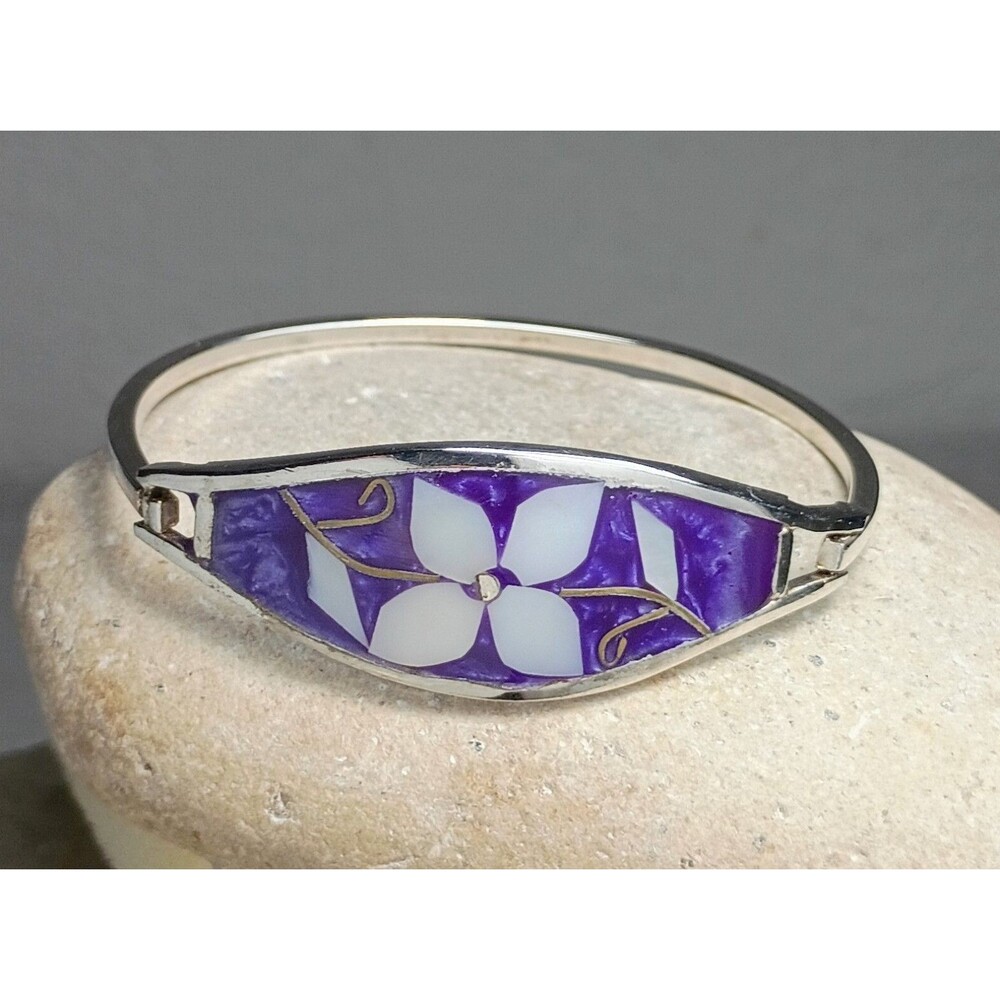 Vintage Alpaca Mother of Pearl Inlay Flower Purple Bracelet